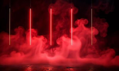 Wall Mural - Illuminated Red Neon Lights with Smoky Background Creating a Dynamic Atmospheric Scene in a Dark Environment