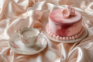 Wall Mural - Romantic Mother's Day setting with a pink velvet cake and matching coffee set on a table draped in satin, creating a love-filled atmosphere.