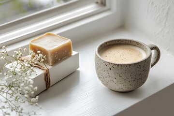 Wall Mural - Simple Mother's Day morning with a handmade soap gift and a stoneware coffee cup on a serene, white windowsill.