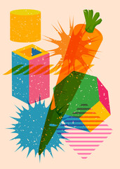 Poster - Risograph Carrot with geometric shapes. Objects in trendy riso graph print texture style design with geometry elements.