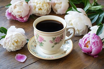 Wall Mural - Rustic Mother's Day breakfast with a ceramic cup of coffee surrounded by peonies on an antique wood table, capturing a timeless elegance.