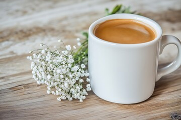 Wall Mural - Simple yet elegant Mother's Day breakfast with a white ceramic mug of coffee next to a bouquet of baby's breath on a natural wood table.