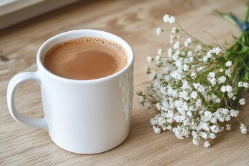 Wall Mural - Simple yet elegant Mother's Day breakfast with a white ceramic mug of coffee next to a bouquet of baby's breath on a natural wood table.