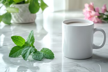 Wall Mural - Simplistic Mother's Day coffee time with a plain white mug and a sprig of mint on a clean, modern table, epitomizing pure elegance.