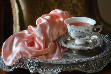 Wall Mural - Sophisticated Mother's Day afternoon with a silk scarf gift and a porcelain teacup on an ornate silver tray.