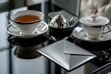Wall Mural - Sophisticated Mother's Day tea with a sleek silver gift envelope and a modern tea set on a high gloss black table.