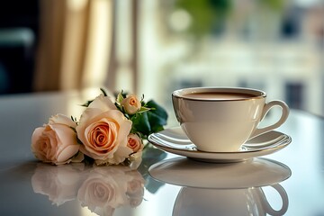 Wall Mural - Sophisticated Mother's Day coffee arrangement with an elegant cup and saucer, accented by a small bouquet of fresh cut roses on a glossy table.