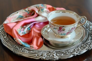 Wall Mural - Sophisticated Mother's Day afternoon with a silk scarf gift and a porcelain teacup on an ornate silver tray.