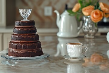 Wall Mural - Sophisticated Mother's Day tea time with a tiered chocolate cake and a crystal cup of espresso on an elegant marble countertop.