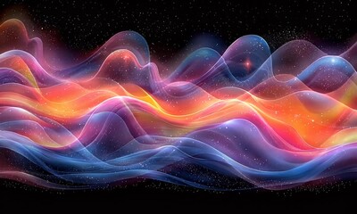 Wall Mural - Vibrant Abstract Waves in Cosmic Colors with Glowing Lights and Fluid Motion against a Starry Background