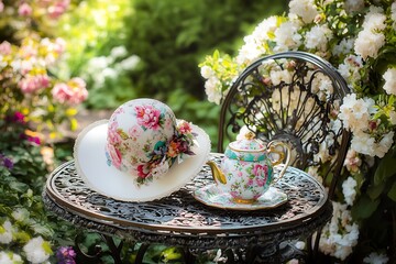 Wall Mural - Spring Mother's Day garden party with a floral hat gift and a decorated tea set on a wrought iron table among blooming flowers.