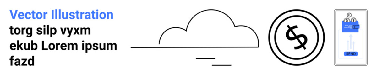 Poster - cloud icon alongside dollar coin representing finance and digital payment, with mobile document for 
