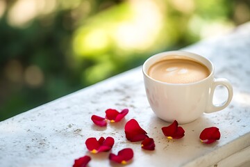 Wall Mural - Stylish Mother's Day breakfast on a balcony overlooking a serene garden, featuring a delicate cup of coffee and scattered rose petals.