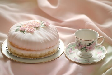 Wall Mural - Subtle Mother's Day coffee hour with a floral decorated chiffon cake and a delicate china cup on a pastel-hued linen tablecloth.