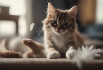 using playing cat pet cute feather beautiful animal felino kitten playful ragdoll white tabby fur pr