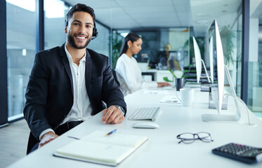Aufkleber - man, happy and portrait in call center with computer in office, consult and help desk for customer s