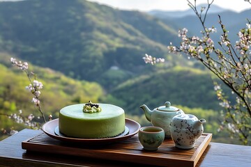 Wall Mural - Tranquil Mother's Day morning with a green tea cake and a ceramic tea set, set against a backdrop of serene mountain views.
