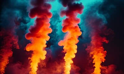 Wall Mural - Colorful Abstract Smoke Patterns with Red and Orange Swirls Against a Turquoise Background Creating a Dynamic and Atmospheric Visual Experience
