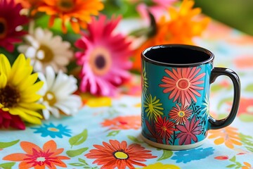 Wall Mural - Vibrant Mother's Day corner with a colorful coffee mug and a mix of seasonal blooms on a bright, cheerful tablecloth.