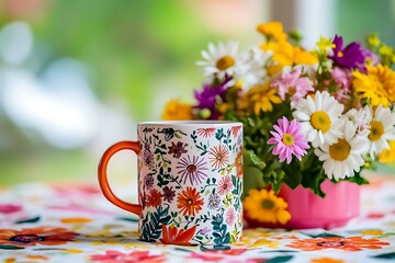 Wall Mural - Vibrant Mother's Day corner with a colorful coffee mug and a mix of seasonal blooms on a bright, cheerful tablecloth.