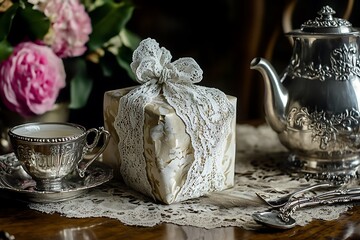 Wall Mural - Vintage Mother's Day setting with an antique lace-wrapped gift and a silver tea service on an heirloom table.