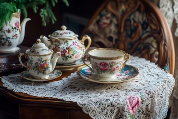 Wall Mural - Vintage Mother's Day celebration with a hand-sewn lace tablecloth gift and an ornate tea set on an antique table.
