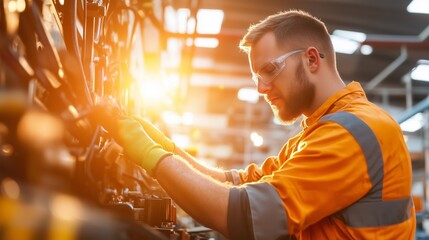 Poster - worker in safety gear focuses on machinery operations in a bright industrial setting during the even