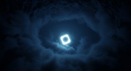 Wall Mural - glowing cube in blue nebula - mysterious cosmic scene, glowing object, foggy abyss, abstract 3d back