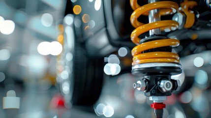Aufkleber - 詳細な自動車サスペンションシステムのクローズアップ 鮮やかなオレンジ色のスプリングと黒い金属部品を備えた機械構造