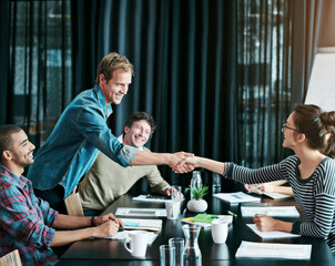 Poster - Business people, group and handshake in meeting, teamwork and agreement with b2b deal. Welcome, greeting and staff shaking hands, support and thank you with collaboration, partnership and cooperation