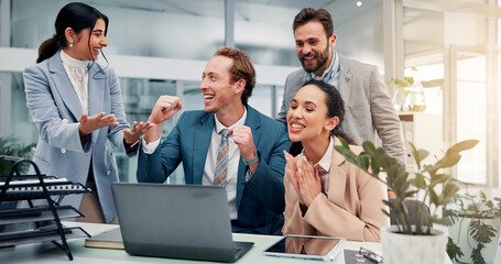 Poster - Fist pump, celebrate and business people on laptop in office with good news, success and victory. Corporate, team and men and women on computer applause for feedback, financial growth and investment
