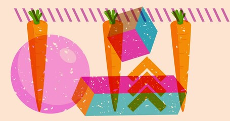 Poster - Risograph Carrot with geometric shapes animation. Moving object in trendy riso graph design video.