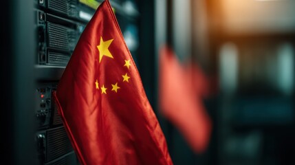 Poster - Chinese flag hanging on a server in a high-tech environment representing data and digital influence