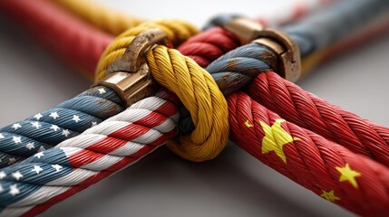 Poster - Rope entwined with a flag depicting economic ties and challenges between the usa and china in global relations