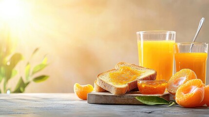 Poster - Bright and warm breakfast scene with fresh toast, apricot jam, and a glass of orange juice beside it