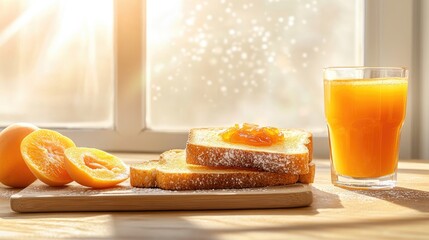 Poster - Bright and warm breakfast scene with fresh toast, apricot jam, and a glass of orange juice beside it