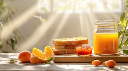 Poster - Bright and warm breakfast scene with fresh toast, apricot jam, and a glass of orange juice beside it