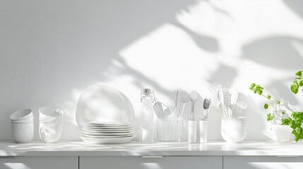 Aufkleber - Clean dishes reflecting morning sunlight, immaculate kitchen counter with minimalist touch