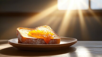 Poster - Close-up of golden toast with luscious apricot jam glistening under morning sunlight, perfect breakfast setting on rustic plate