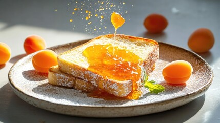 Poster - Close-up of golden toast with luscious apricot jam glistening under morning sunlight, perfect breakfast setting on rustic plate