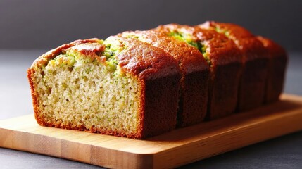 Poster - Closeup of moist zucchini bread on wooden board, natural lighting, wholesome dessert idea