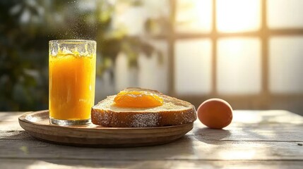 Poster - Close-up of golden toast with luscious apricot jam glistening under morning sunlight, perfect breakfast setting on rustic plate
