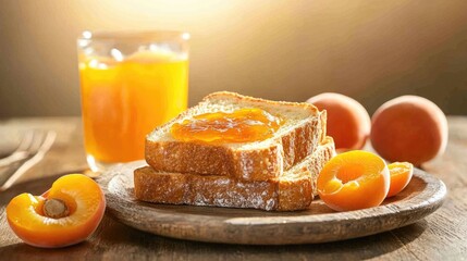 Poster - Close-up of golden toast with luscious apricot jam glistening under morning sunlight, perfect breakfast setting on rustic plate