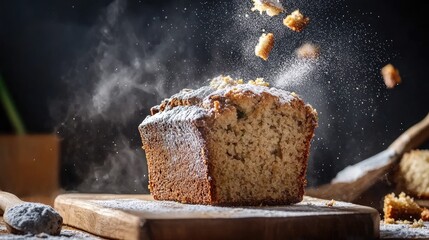 Poster - Closeup of moist zucchini bread on wooden board, natural lighting, wholesome dessert idea