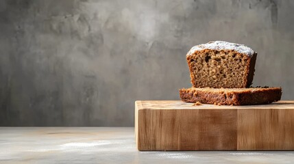 Poster - Closeup of moist zucchini bread on wooden board, natural lighting, wholesome dessert idea