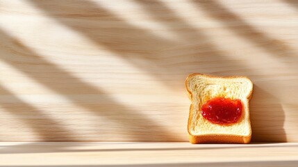 Poster - Crispy toast with strawberry jam spread on wood grain background, top view with natural shadows