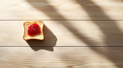 Poster - Crispy toast with strawberry jam spread on wood grain background, top view with natural shadows
