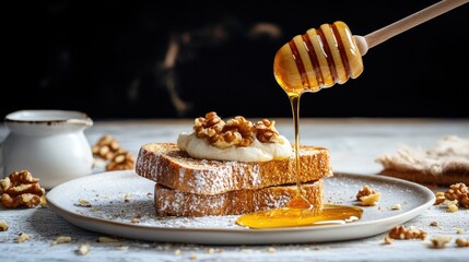 Poster - Crunchy walnut toast topped with honey drizzle, earthy tones and natural textures in cozy breakfast setup
