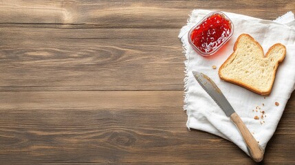 Poster - Delicious jam toast snack on wooden surface with knife and linen cloth, room for overlay text