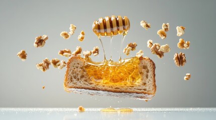 Poster - Dripping honey caught mid-air above crunchy walnut toast, perfect for a wholesome morning treat